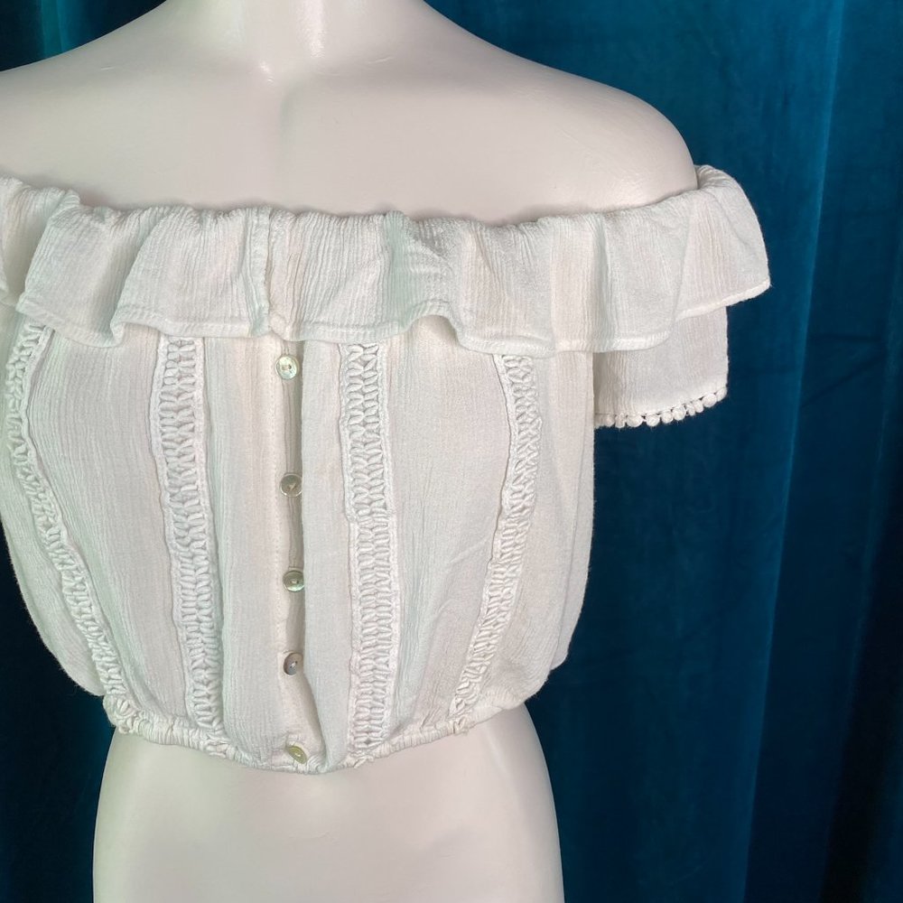 Altar'd State Cream Ruffle Button Crop Top - Picture 9 of 9